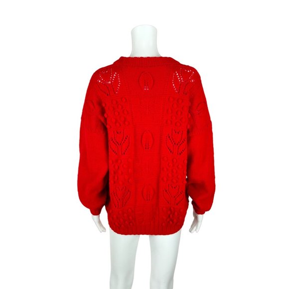 Vintage 80s Oversize Sweater Red Tulips Pom Pom's Acrylic Pullover - Picture 8 of 8